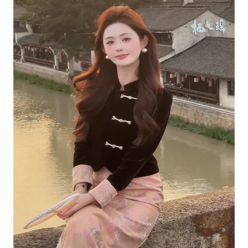 新中式黑色斜门襟长袖上衣秋季气质显瘦修身小香风外套