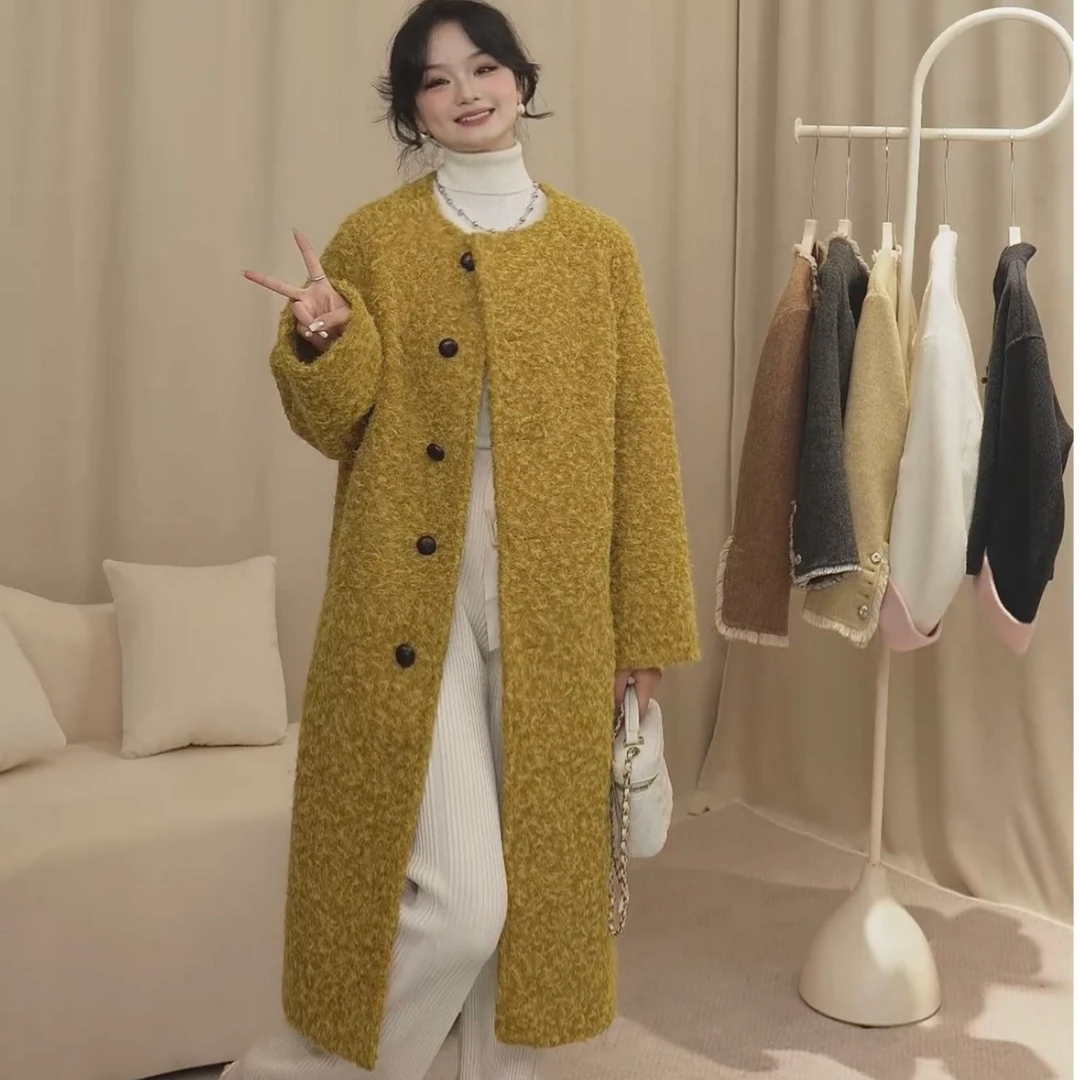 【US专属】新款轻奢高级感圈圈毛无领毛大衣中长款毛呢外套24097