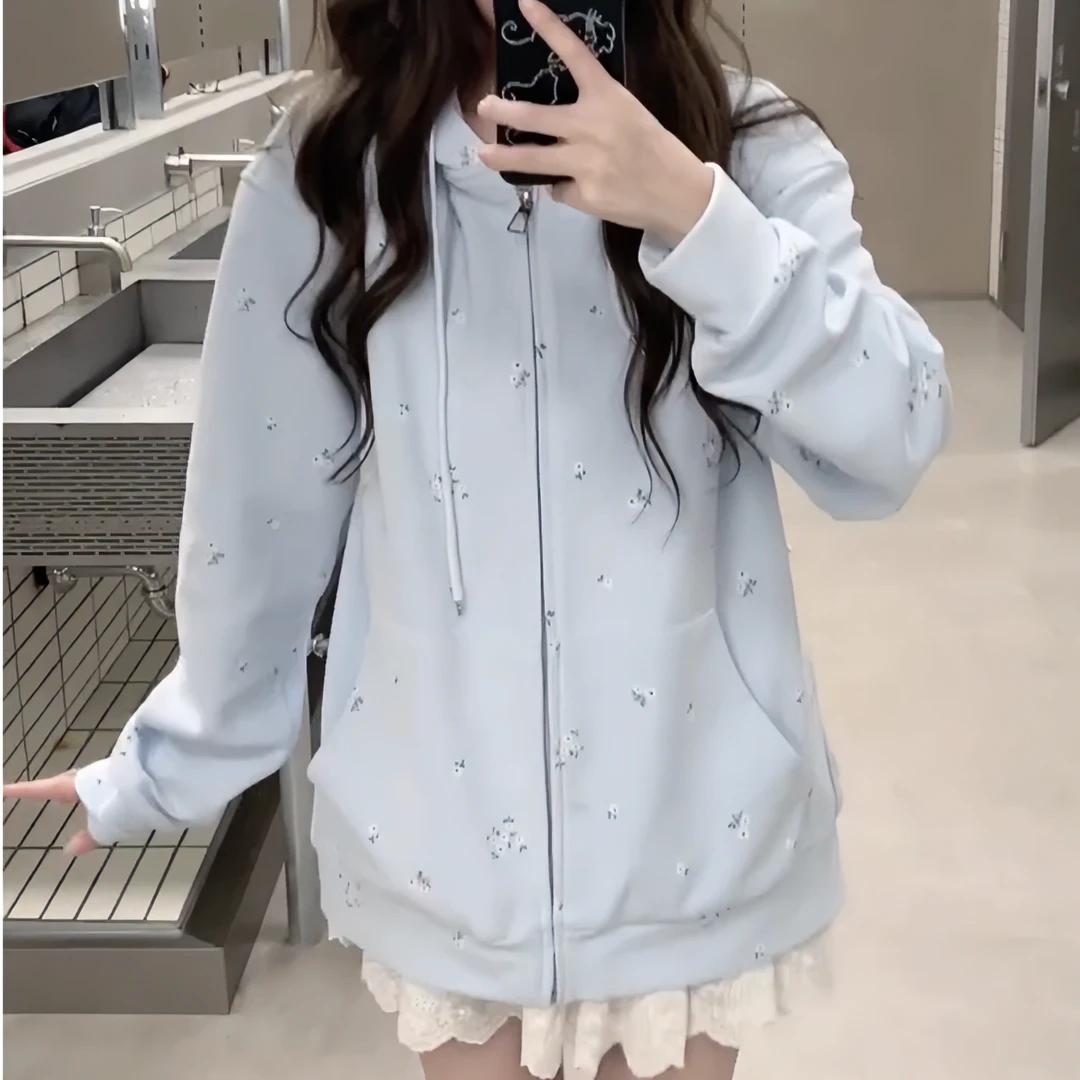 FCYSTUDIOHZJ 马卡龙美学 拉链连帽碎花卫衣开衫女早秋宽松外套女