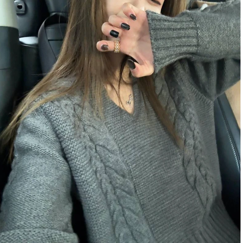 FCYSTUIDOHZJ乖乖女简简单单绞花套头短款毛衣女设计感气质上衣冬