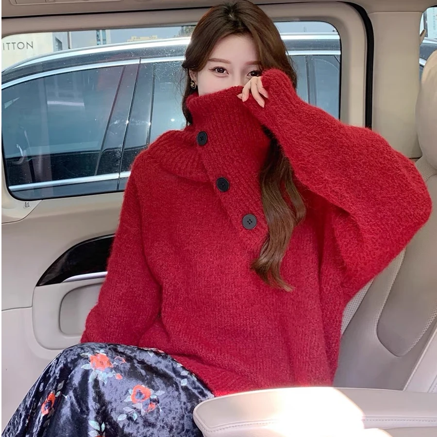 FCYSTUIDOHZJ软糯加厚慵懒宽松毛衣女围脖两件套针织衫百搭冬上衣