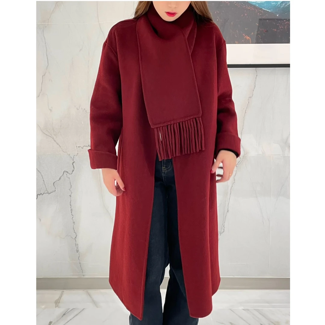 2024冬新款气质简约双面羊绒混纺中长款围巾领大衣8815