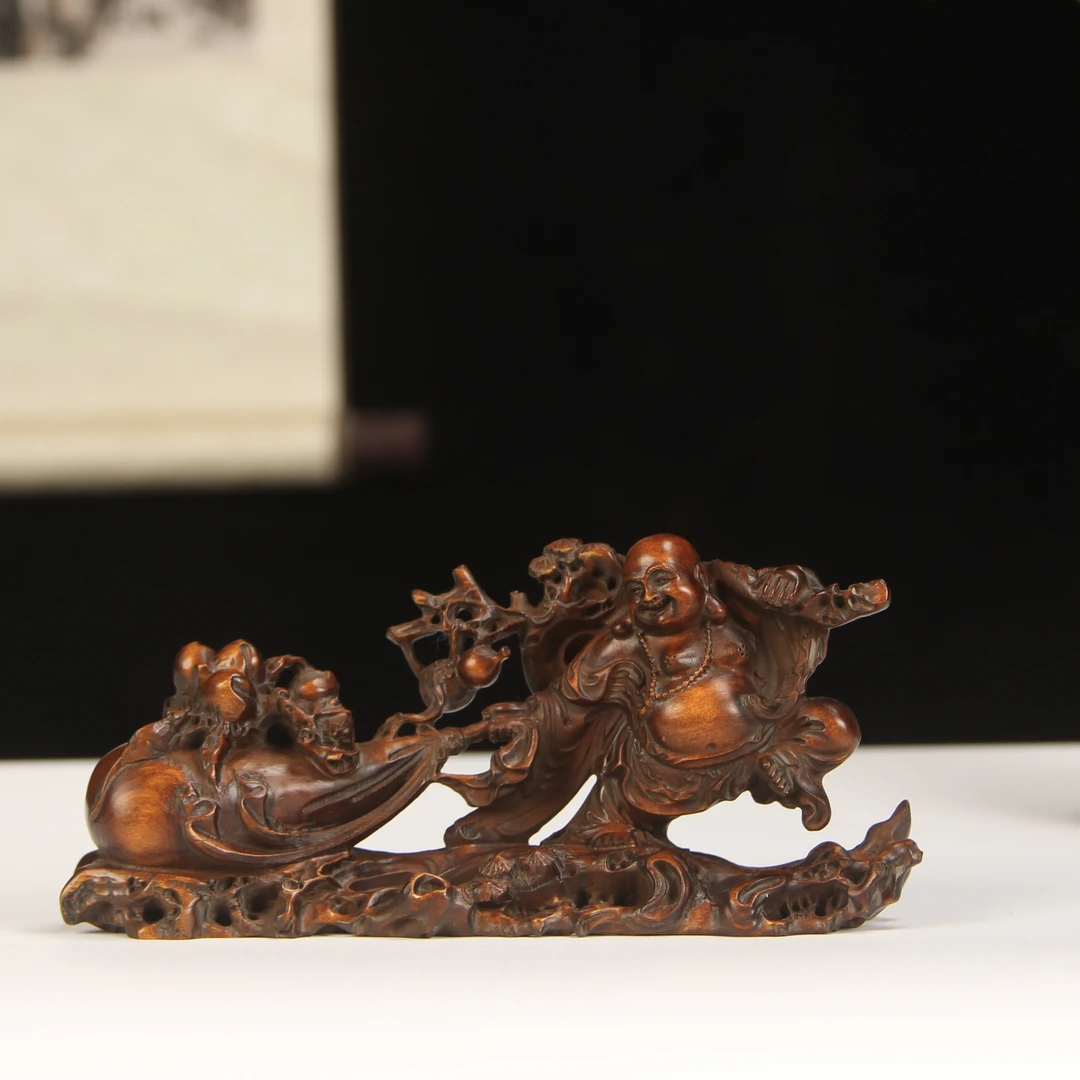 小叶黄杨木布袋弥勒佛雕件实木笑口常开笑佛开业乔迁办公室摆件