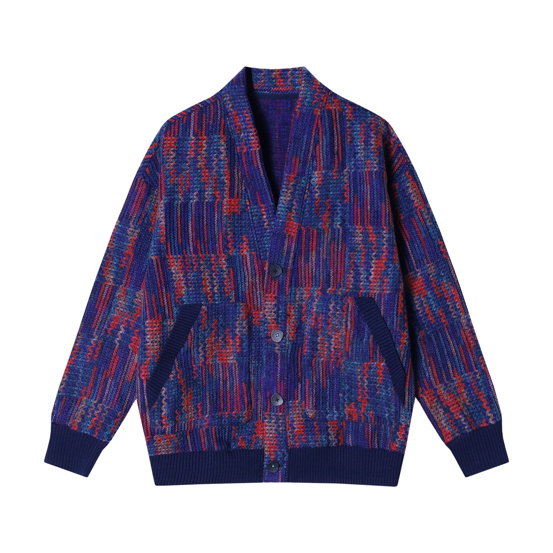 秋冬季新款美式复古扎染撞色开衫针织衫宽松潮流休闲上衣