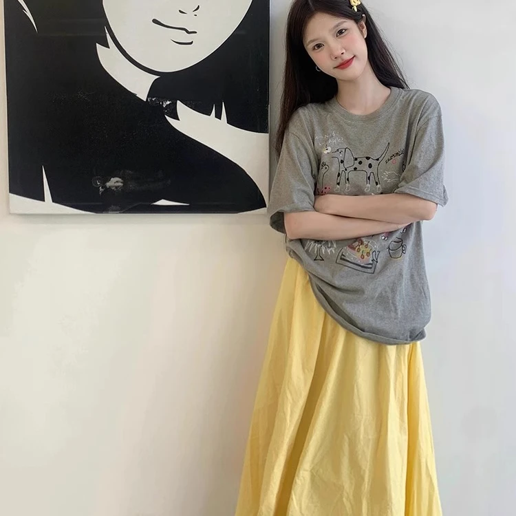 夏季趣味卡通动物T恤女灰色韩系复古印花设计高级感宽松百搭上衣