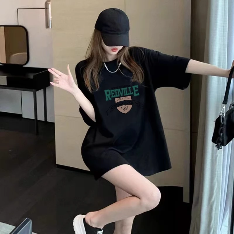 大码欧货黑色短袖宽松T恤女夏季2025年新款休闲百搭中长款上衣ins