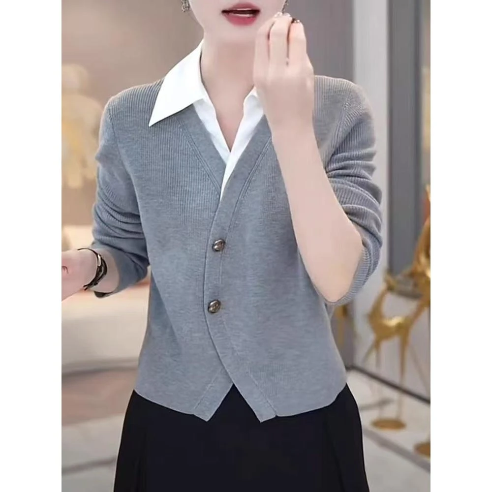 翻领假两件针织衫女2024秋冬季新款时尚显瘦百搭套头毛衣长袖上衣