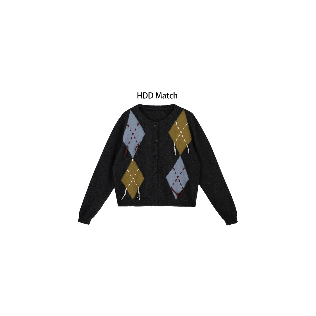 HDD Clothing "菱形格"秋冬拼色小众针织开衫毛衣 Y6524