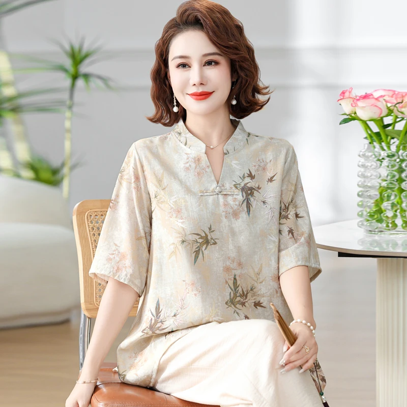 妈妈夏装2024新款短袖宽松印花小衫时尚中老年女t恤新中式上衣服