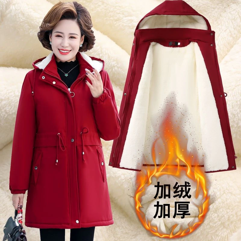 2022新款中年妈妈冬装外套加绒加厚棉服袄秋冬中老年棉衣女中长款