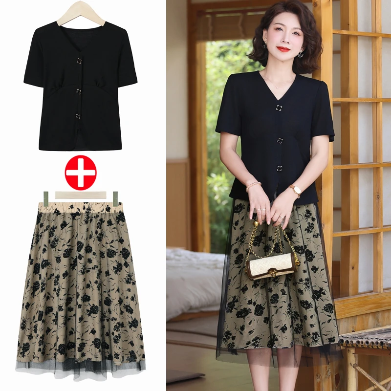 妈妈装夏装套装连衣裙短袖上衣中老年女小衫时尚半身裙母亲节衣服