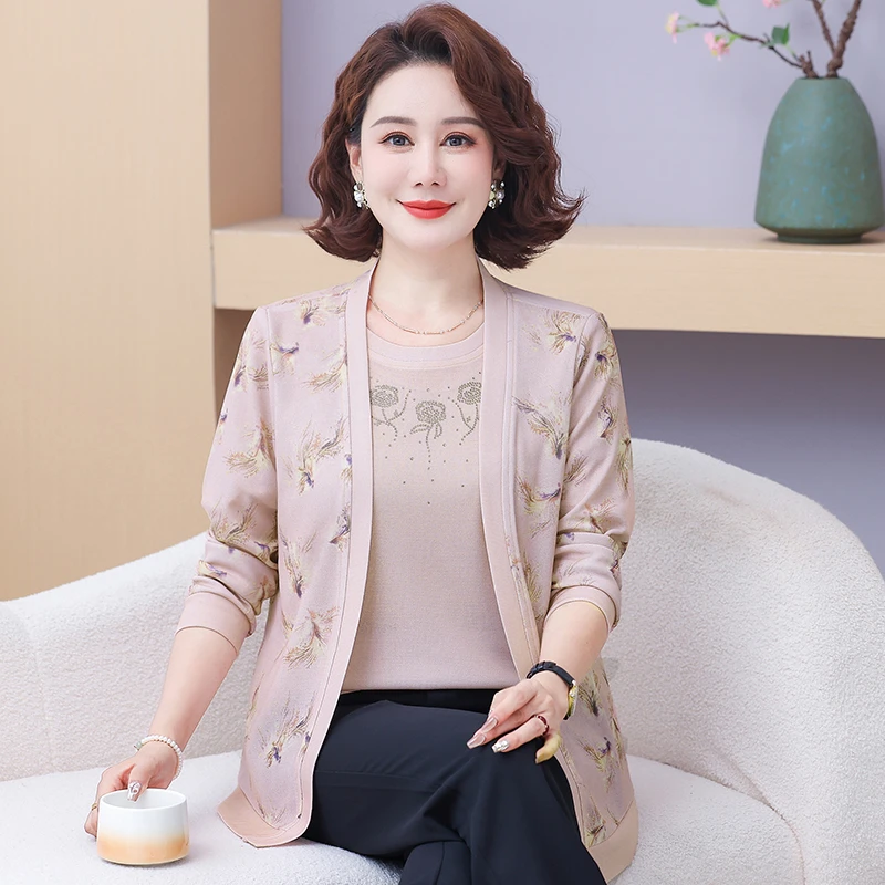妈妈洋气春秋开衫春装新款两件套两件套装上衣中老年针织女装薄款