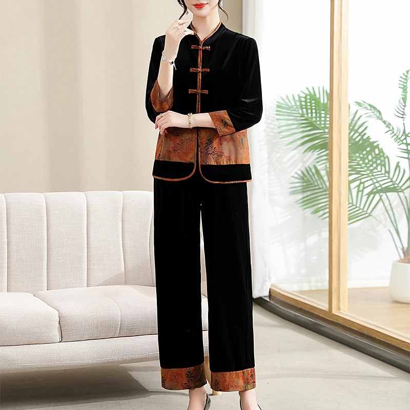 套装早秋妈妈套装金丝绒洋气质中老年女民族风中国风时尚立领复古
