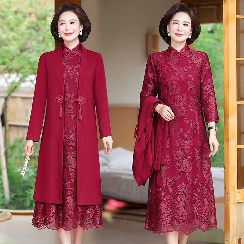 喜婆婆婚宴装春秋款旗袍连衣裙两件套装中年妈妈大码国风喜服裙子