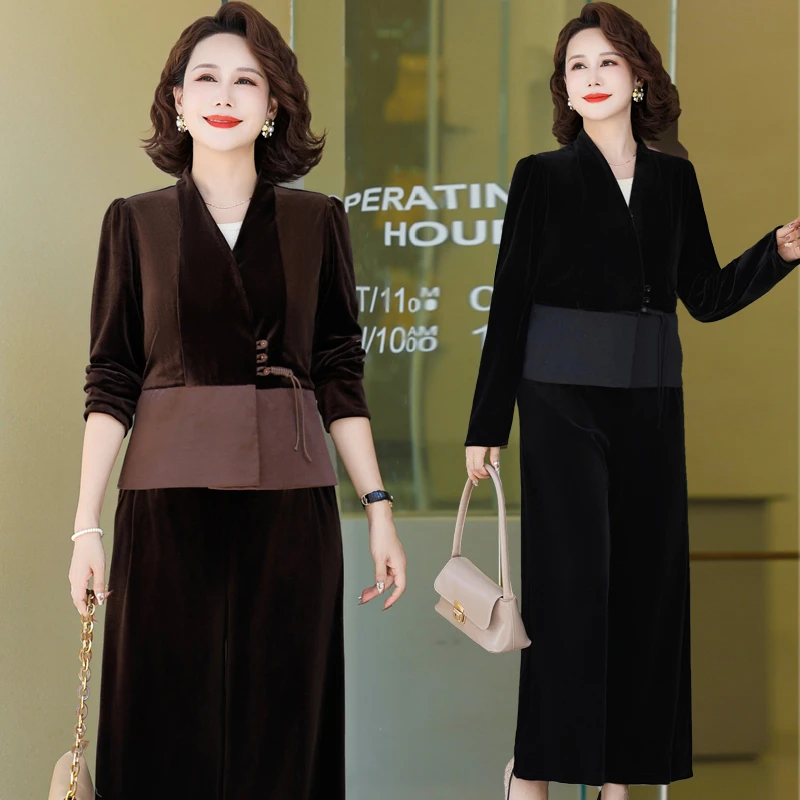 中年妈妈秋装金丝绒国风套装2024新款洋气春秋外套中老年女装