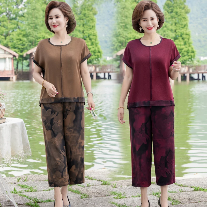 中老年人夏装女奶奶短袖T恤套装新款年轻妈妈薄款两件套老人衣服