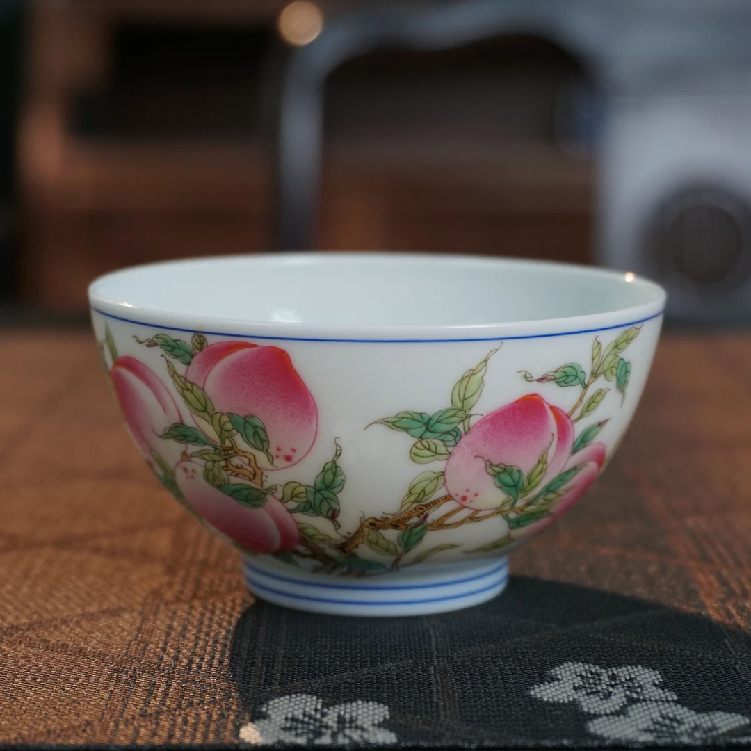 景德镇手绘珐琅彩五桃鸡心杯-82303