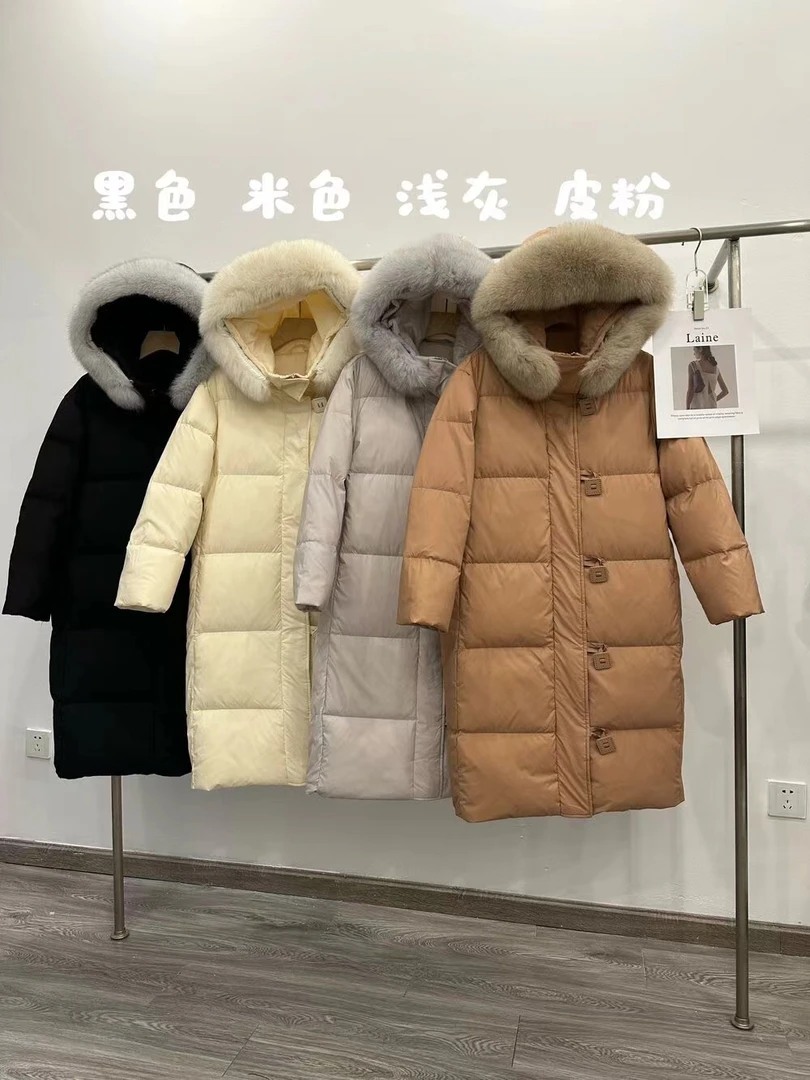 「9092 冬日来信」简约长款保暖羽绒服外套(配可拆卸狐狸毛领真毛)