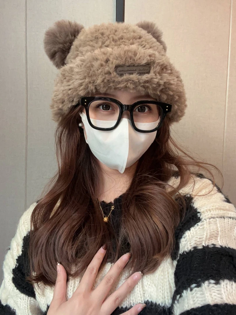 可爱小熊毛线帽耳朵针织帽子女秋冬季新款软糯毛绒大头围保暖包头