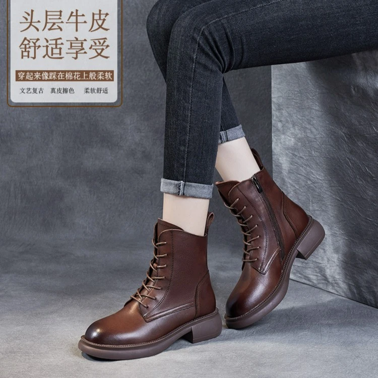经典2头层牛皮短靴英伦马丁靴春秋真皮冬款软底软面高帮棉瘦瘦靴
