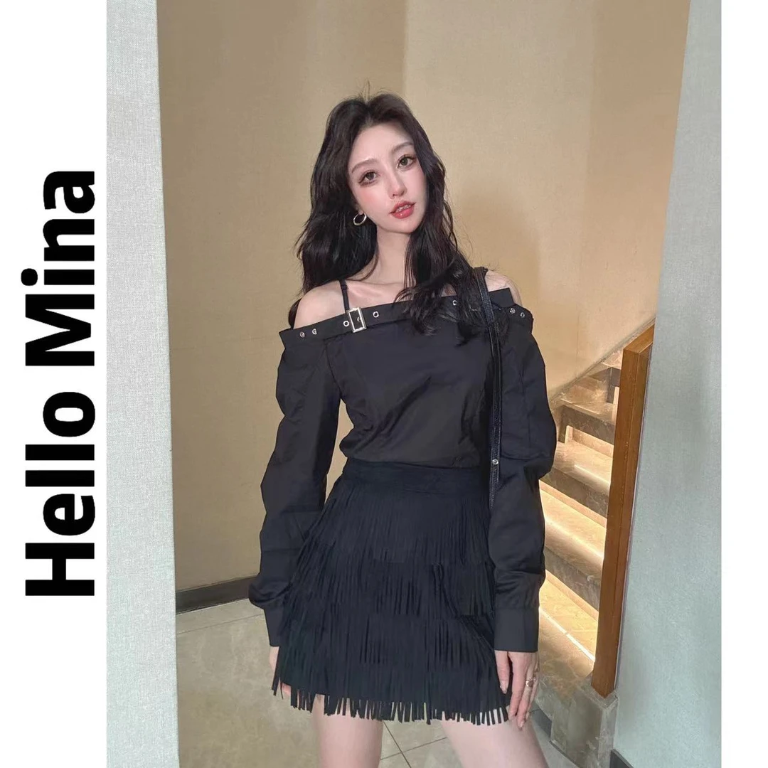 J688东大门宽松显瘦高腰流苏短裙