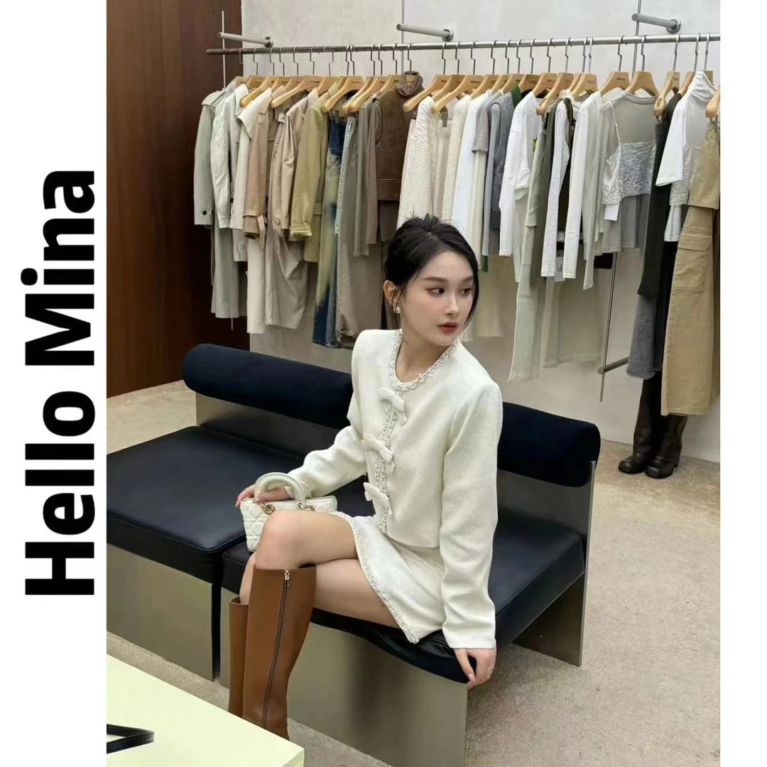 0596法式复古蝴蝶结钉珠小香风外套+半身裙两件套套装