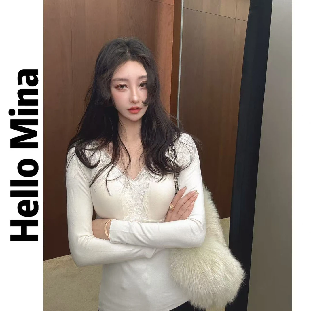 6897蕾丝V领一体杯磨毛打底T恤