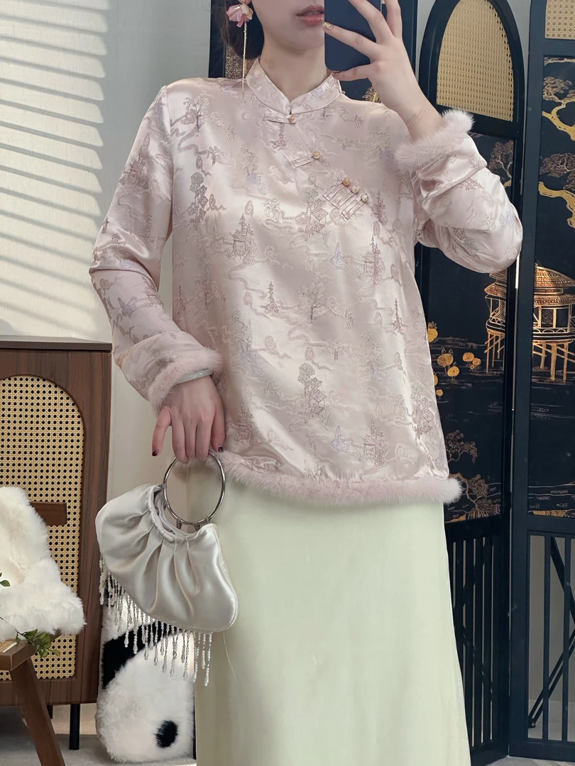 【雪鸢】 新款秋冬桑蚕丝国风斜襟玉石盘扣时尚圆领上衣内搭 3263