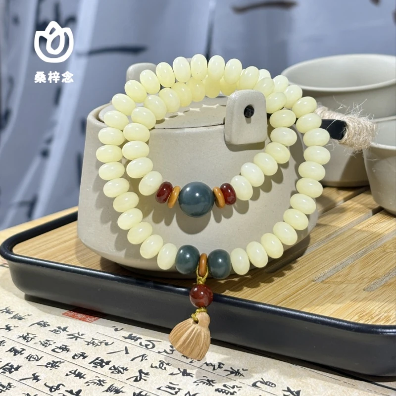 天然白玉菩提根风化手工干磨菩提手串奶油色男女款莲花双圈算盘珠
