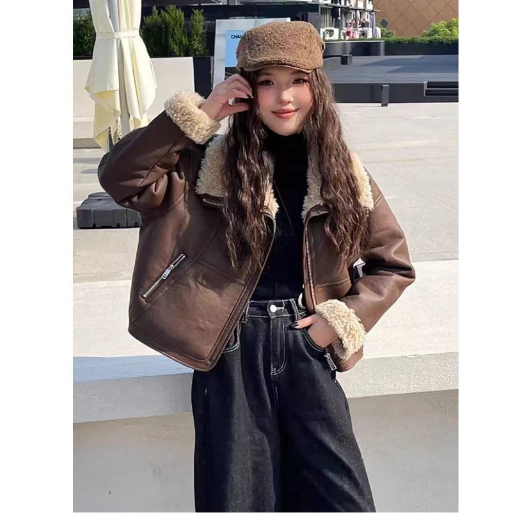 高级感羊羔毛短外套2025女冬季加绒加厚鹿皮绒皮毛一体毛毛上衣