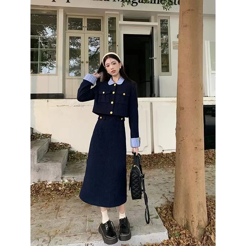 法式小香风长袖外套条纹拼接连衣裙女秋冬2024新款时尚两件套