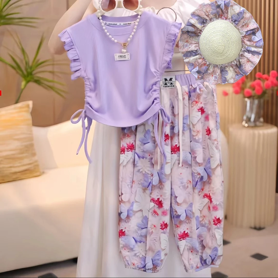 (送帽子)新款女童时尚碎花防晒裤百搭T恤套装亲子可爱潮流休闲