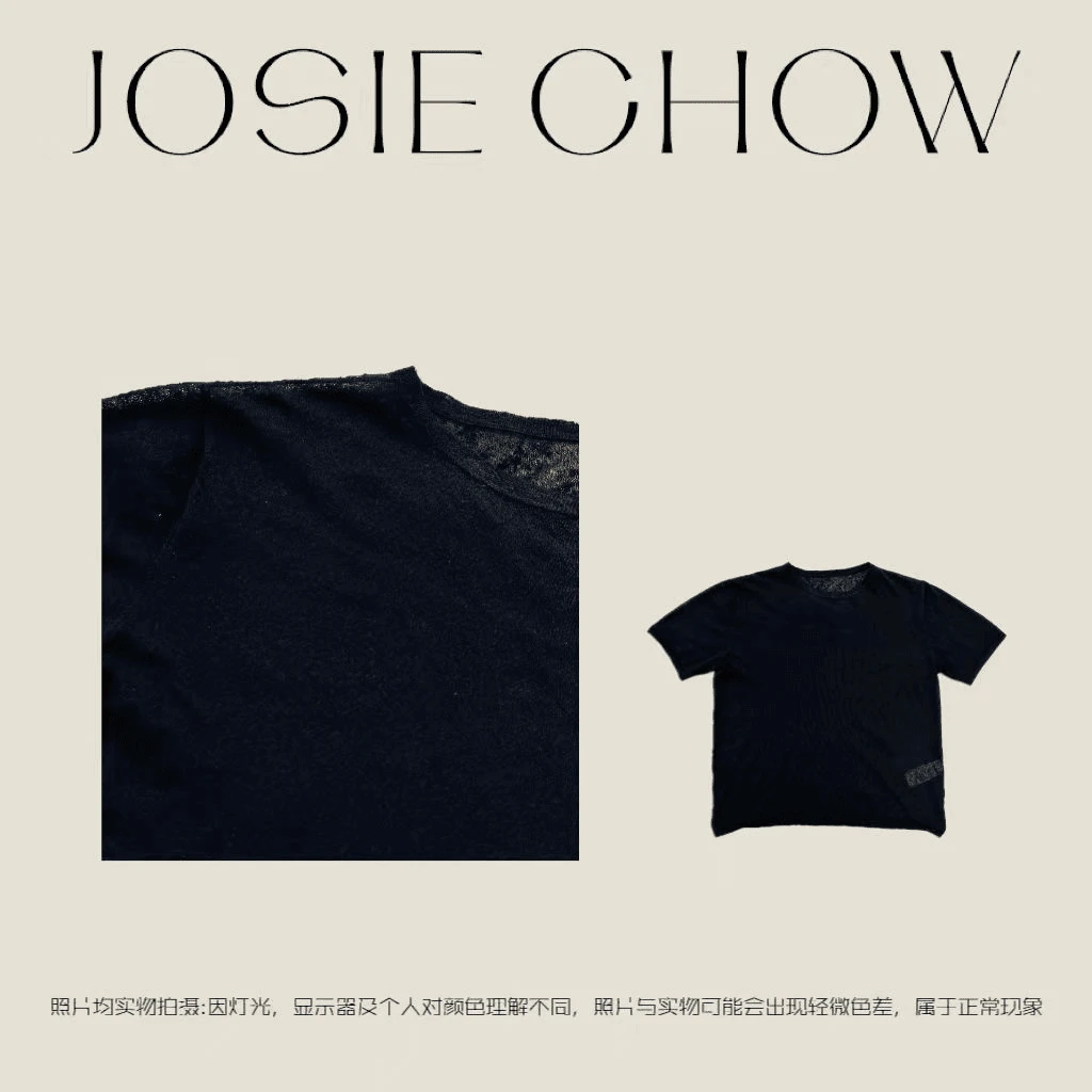 JOSIE CHOW【白色/云雾透黑】棉麻微透短袖T恤。Tr651183