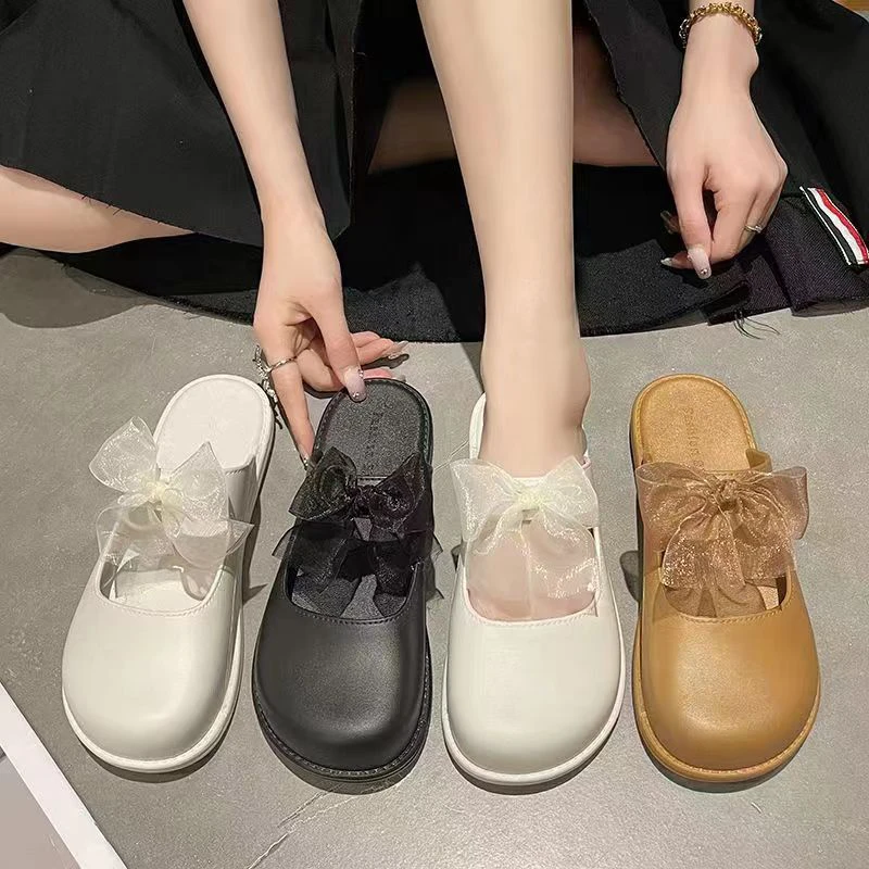 时尚女士玛丽珍拖鞋夏季法式外穿平底半拖休闲蝴蝶结一字女鞋