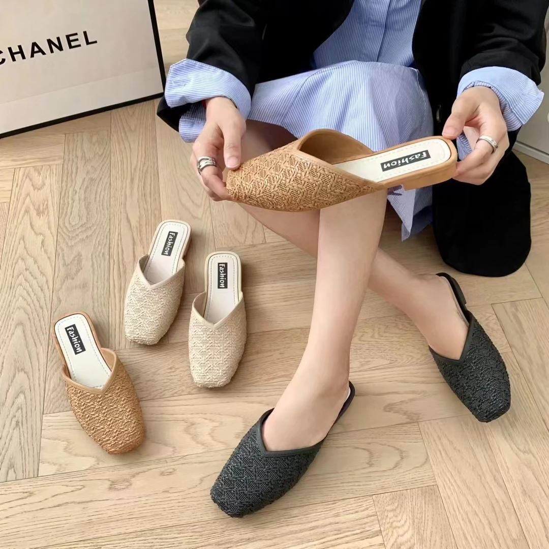 夏季女士包头半拖时尚低跟外穿一脚蹬女鞋休闲沙滩妈妈拖鞋