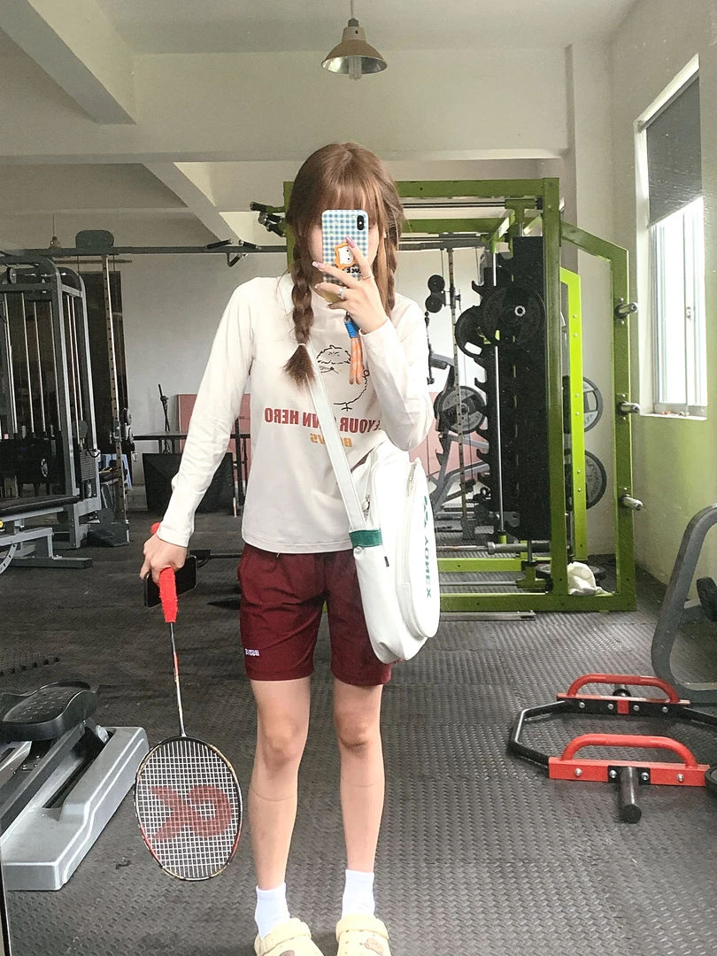 韩国BGOVS秋冬款羽毛球服男女同款运动长袖T恤速干上衣米色