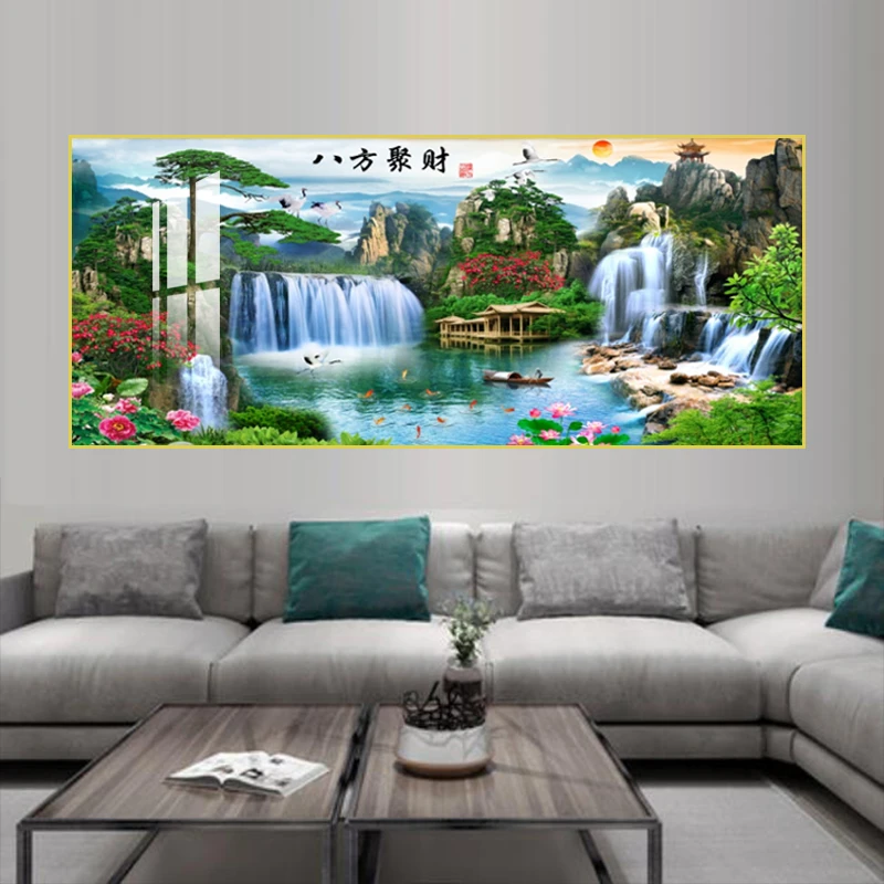 八方聚财流水生财客厅沙发横幅高端大气晶瓷晶钻玄关装饰晶瓷画