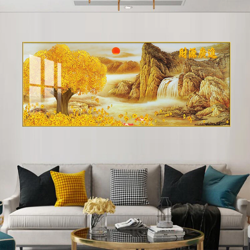 财源广进黄金满地客厅沙发横幅高端大气晶瓷晶钻玄关装饰晶瓷画