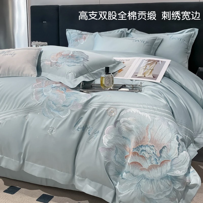 花开富贵-高端大版刺绣花全棉贡缎100S双股长绒棉宽边纯棉四件套