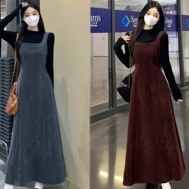 2024新款背带连衣裙秋季时尚套装高级感显瘦打底衫长袖两件套1673