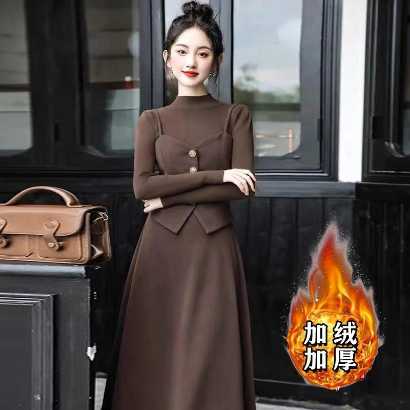 （加绒内搭）大码胖妹妹假两件小香风高级感套装连衣裙显瘦穿搭1634