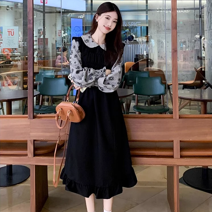 大码法式娃娃领长袖连衣裙秋季假两件小黑裙微胖MM显瘦裙子1616