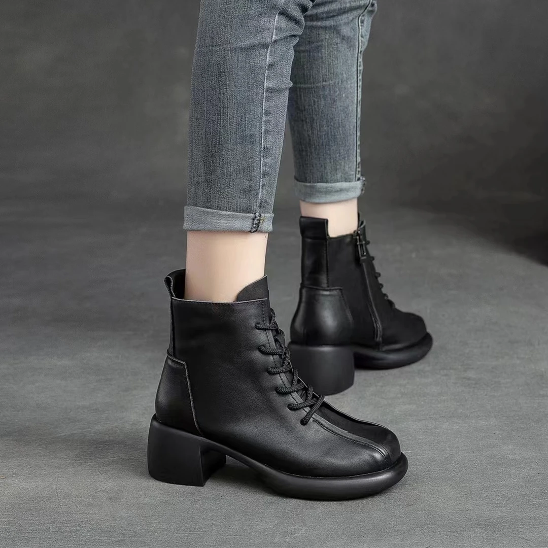 62999-8新款圆头系带中高跟侧拉链复古马丁靴