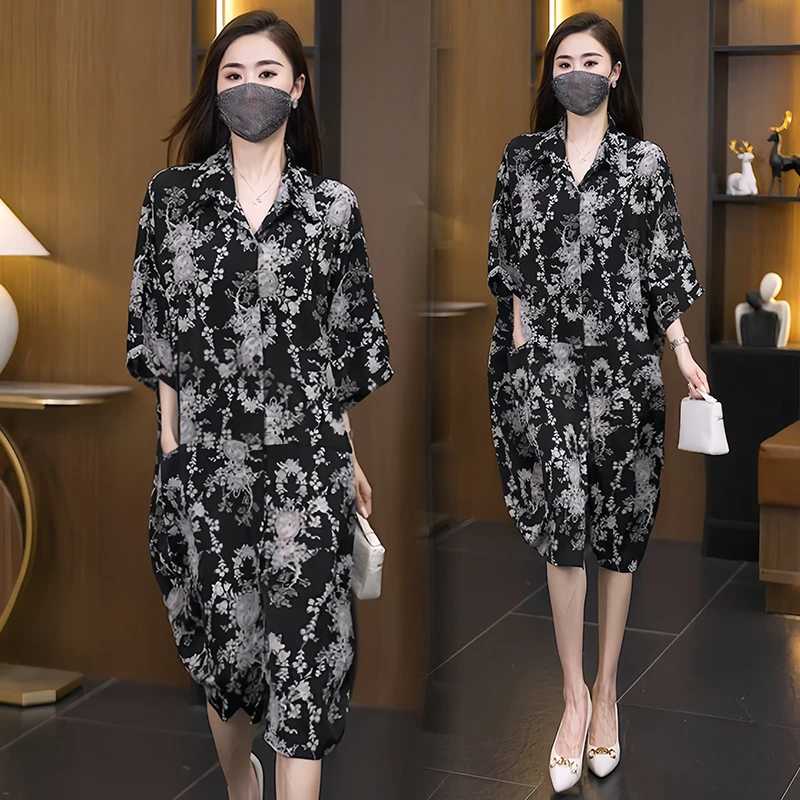 2024夏季新款韩版大码女装POLO领遮肉衬衫连衣裙中长款休闲宽松型