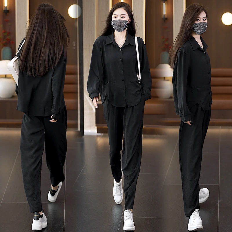 2025春装新款洋气大码女装套装时尚宽松遮肉显瘦哈伦裤时髦两件套