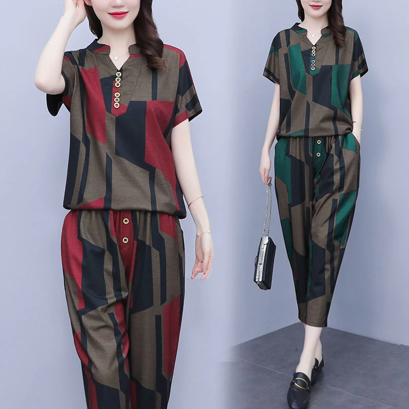 L-5XL2025夏装新款时尚套装大码妈妈休闲哈伦裤显瘦洋气两件套女
