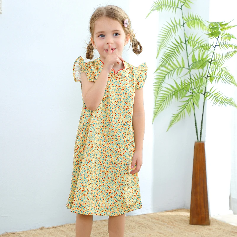 女童贡缎旗袍裙213儿童复古碎花夏季国风宝宝小裙子夏装儿童洋气