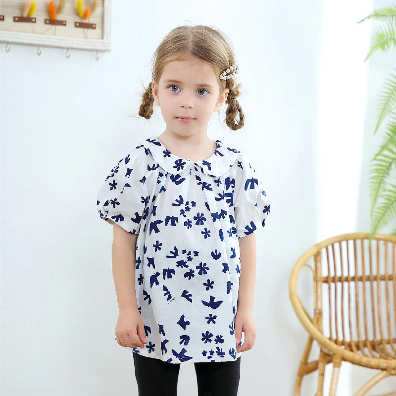 法系海鸥纯棉衬衫217女童夏款短袖上衣宝宝小童儿童翻领印花衬衣