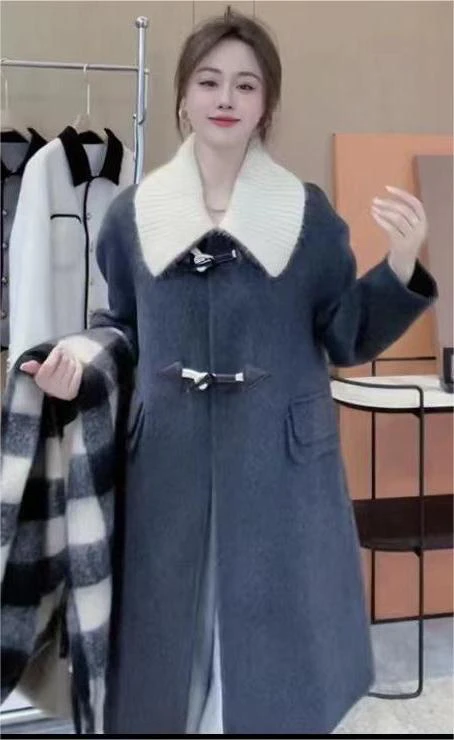 牛角扣粉色双面羊毛大衣女中长款小个子24新款高级感毛呢子外套