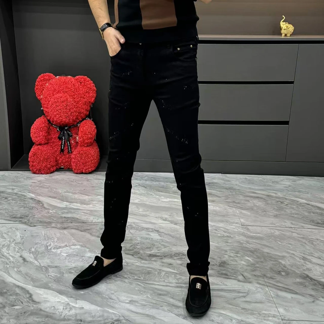 6631-秋冬烫钻欧货修身小脚牛仔裤男士轻奢潮流黑色百搭牛仔裤